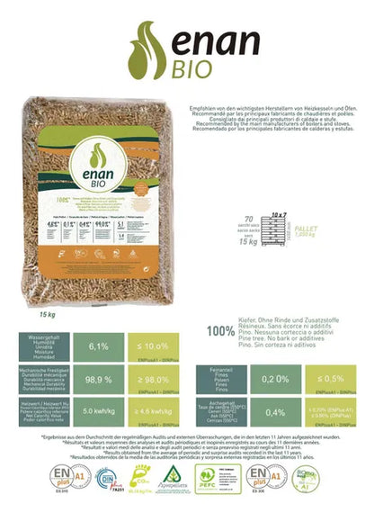 ENAN Bio – Palet de 70 Sacos de Pellets de 15 Kilos EN Plus A1 (1050kg). Entrega a Domicilio